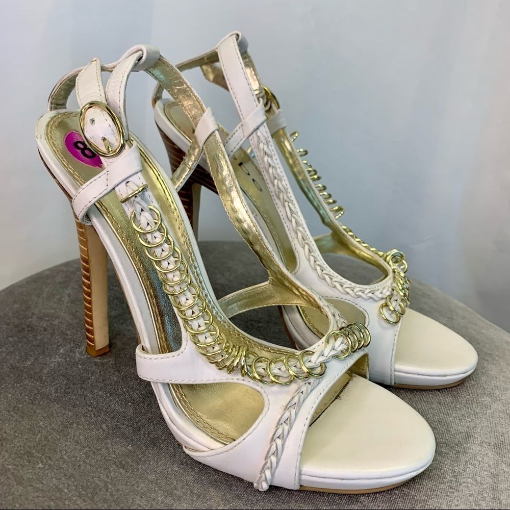 Bebe White strappy Leather with gold ring chain detail sandal high heels Sz 8.5 - Picture 2 of 7